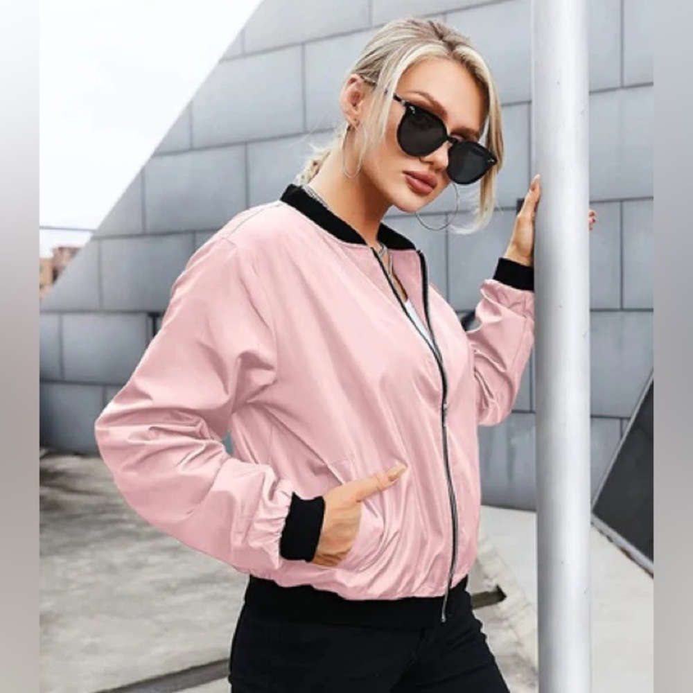 Zeagoo Light Pink Bomber Jacket with Black Trim 🆕